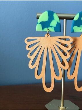 New Wood and Polymer Clay Funky Handmade Dangle Earrings
